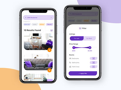 Real estate apps to find suitable home app apply bedrooms clean design filter form found home ios listings noansa parkir area price range result screen search securiy ui ux