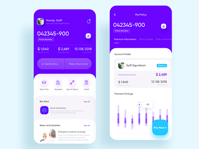 Insurance App for better life app card clean financial fintech graph health home information insurance investment ios life noansa pay now policy protect travel ui ux