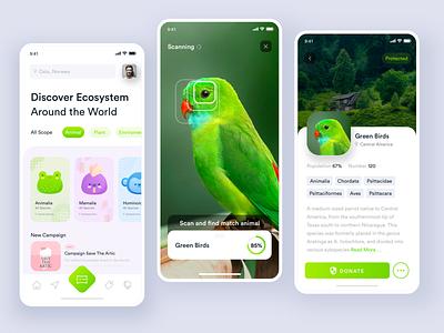 Animal Conservation App with Augmented Reality ai animal app ar augmented reality bird charity clean conservation details donate ecosystem enviroment green mamalia match noansa scanning ui ux