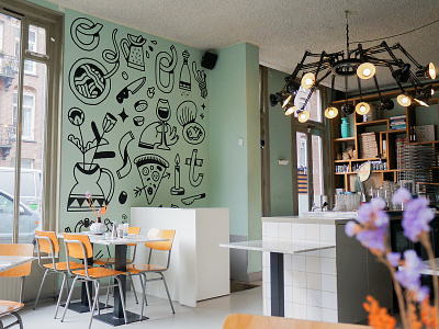 Pizza Mural amsterdam blackandwhite drawing handlettering illustration linedrawing mural officemural restaurant mural