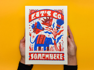 Let's go somewhere - Riso Print drawing elephant handlettering illustration lettering red and blue riso risoprint
