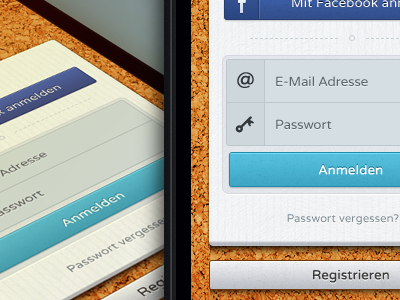 Login screen buttons cork design email facebook interface ios paper password ui ux