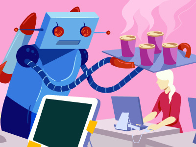 editorial7 automation bot coffee developer editorial illustration jetsons robot scrum skype