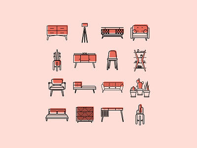 Mid-Century Modern Furniture Icon Set flat furniture icon iconography icons icons pack iconset illustration illustrator logo logo design mid century mid century modern ux vector