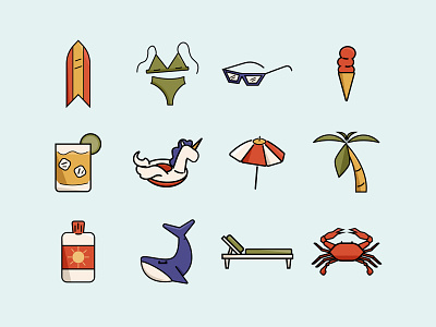 Iconic Summer bathing suit beach beach chair cocktail float icecream icon set iconography icons illustrator palm tree raft sun screen sunglasses surf board unicorn vacation vector whale