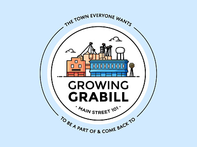 Growing Grabill brand buildings circle crest illustration logo main street skyline small town vector water tower windmill