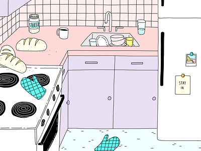 Staying In: Part 7 baking bread cat illustration pink purple stay home