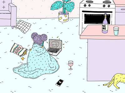 Staying In: Part 8 cat illustration netflix pink plants purple snacks stay home wine
