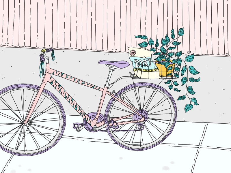 Bicycle pink green thumb biking plants bicycle illustration
