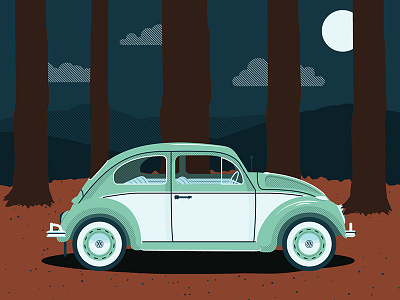 VW Bug car cliff illustration moon mountains trees