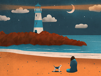 Lighthouse by the beach beach border terrier dog illustration lighthouse moon night ocean
