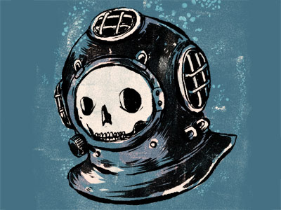 Diving Helmet design diver helmet illustration ink ocean poster screenprint skull water