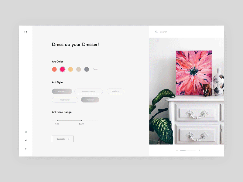 Dress up your Dresser - Art Finding App Concept animation art app gif layout design product design ui user experience design user interface design ux website animation