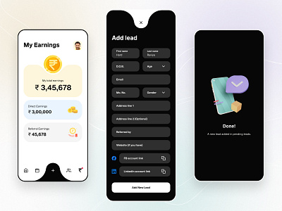 Policy Insurance Agent App - Earning and add lead form agent application black clean design earnings figma form insurance mobile mobileappdesign mobiledesign policy screen successful ui user experience user interface ux white