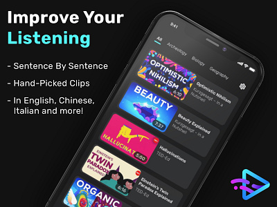 Flow Clips App - Improve Your Listening Skills app dark ui design english feed language learning logo mobile mobile app neon ui ux videos