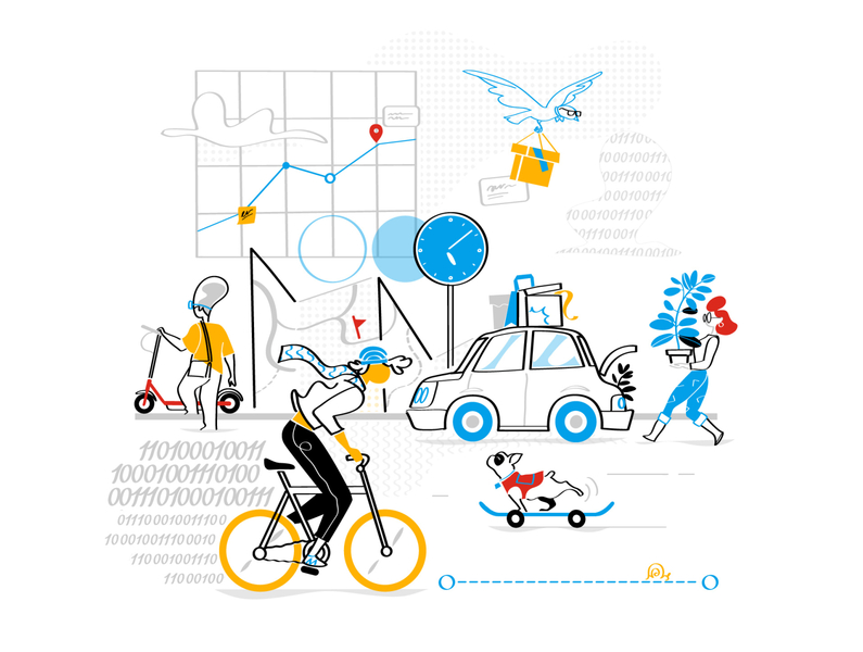 SAE International Hero big data bike car sharing creative dog draw hurca illustration lifestyle mobility monello people scooter skater society time user experience vector