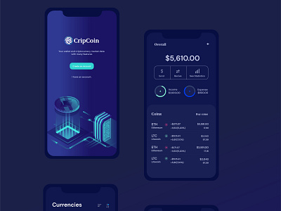 CripCoin mobile interface app branding design flat ui ux website