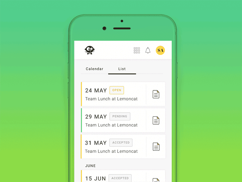 Event details in one click animation calendar classic elegant event green list minimal navigation yellow