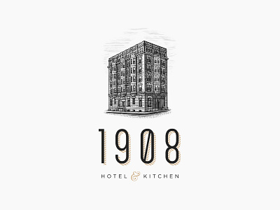 1908 Hotel & Kitchen architecture branding building concept drawing engraving gothic buidling line art lithograph logo logos sketch typography vector