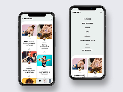 Diesel® - Layout app cards clothes interaction mobile ui color typography ai ux visual