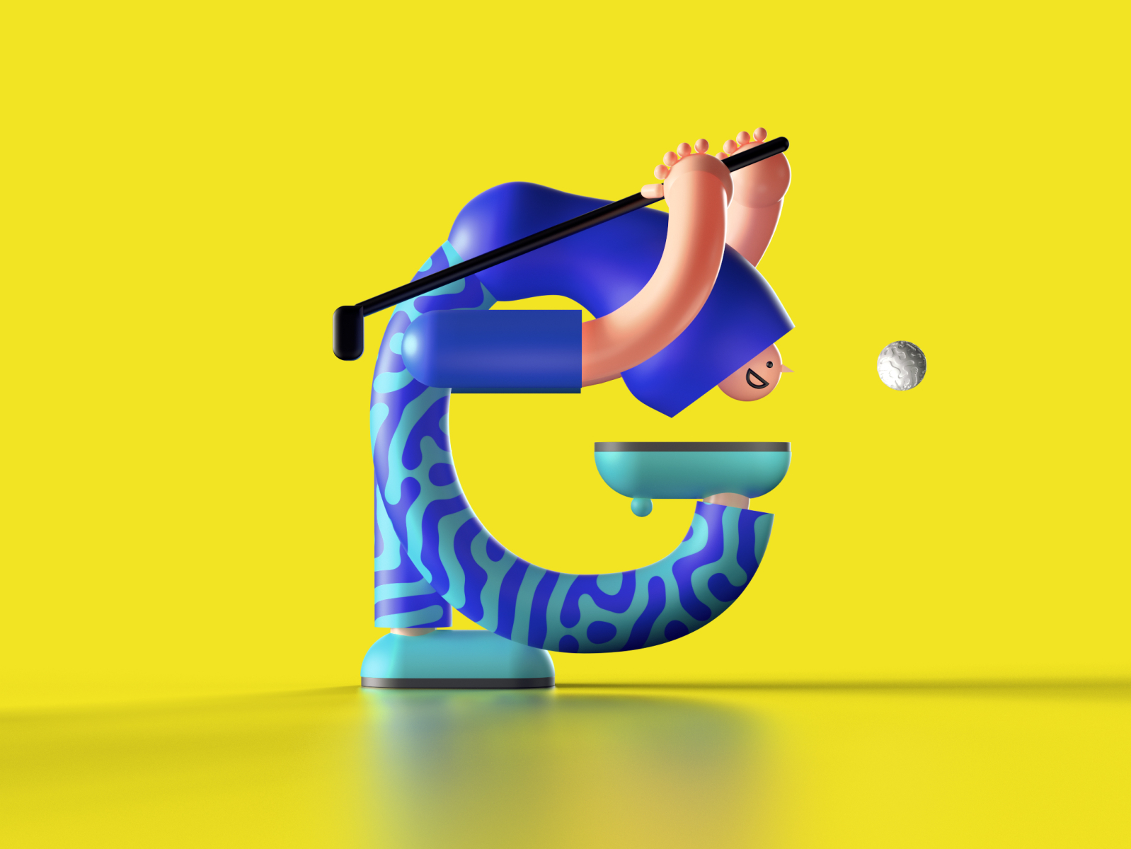 Perfect golf swing - letter G redshift happy 3dillustration 3d character golf lettering letter 36daysoftype