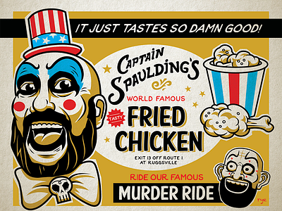 Captain Spaulding's World Famous Fried Chicken advertisement branding character design chicken clowns design food graphic design halloween houseofa1000corpses illustration marketing poster silkscreen silkscreen print