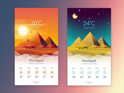 Weather App - Giza Sunset & Night app egypt giza icon illustration mobile moon night pyramid sun sunset weather
