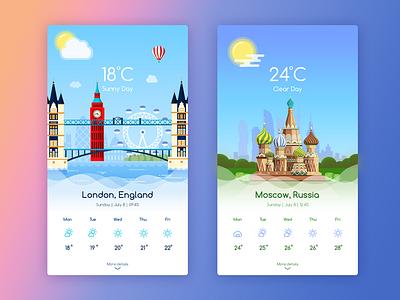 Weather App - Moscow & London app bigben clouds icons illustration london mobile moscow skyline sunny ui weather