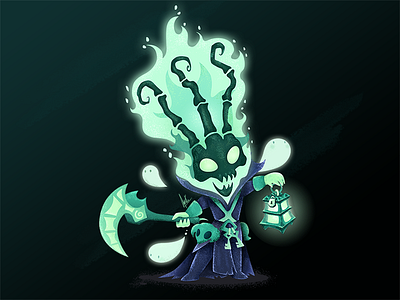 Thresh League of Legends character chibi flames ghosts illustration lantern league of legends skull