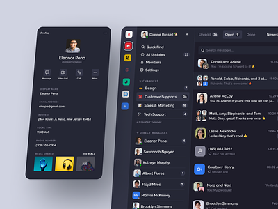 Messenger Dashboard app call card channels chat contact dark dashboard group member message messenger product profile status team tools ui ux video call