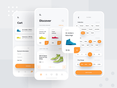 Ece - Shopping App Concept Part 2 app application brands card cart clean clothing design ecommerce fashion gallery mobile orange product shoes shop simple ui ux white