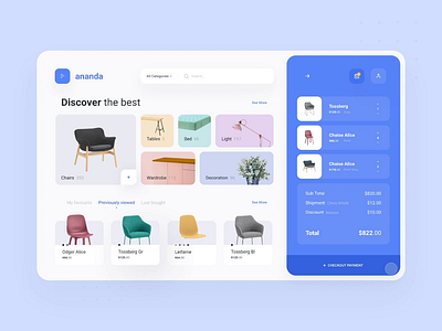 ananda - Dashboard buy card chair checkout dashboard design discover ecommerce homepage images interaction menu motion purple shop simple ui user interfaces ux website