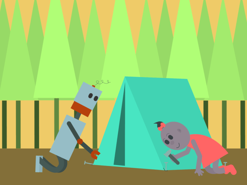 Tent-Setup (ASM #2-3) characters cartoon camping forest trees tent robot girl gif animation after school mayhem