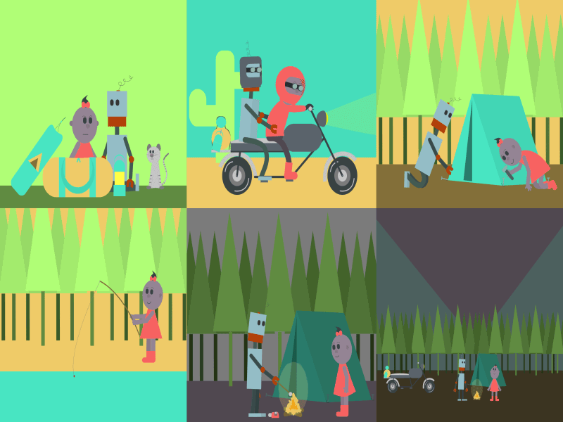 After School Mayhem #2 outdoors motorcycle campfire cat camping robot girl gif after school mayhem cartoon characters animation