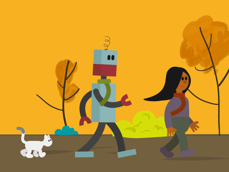 Autumn (Travels with Robot #4) animated autumn colorful fall gif orange robot cat girl seasons travels with robot tree