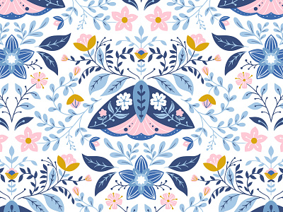 Moth folk art pattern - 2 blue butterfly floral floral pattern flowers folkart folklore illustration insect moth ornament summer symmetry vector