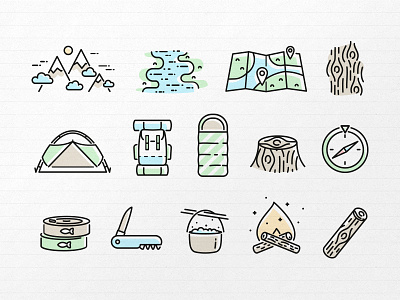 Camping Icon Set backpack bonfire camping hiking icons linear mountain nature outline stump vector wood