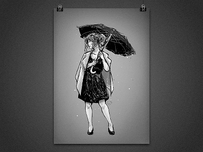 Rainy mood black and white gray illustration ink rain sketch umbrella woman