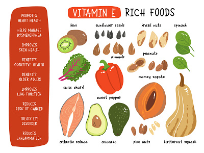 Vitamin E concept design flat food healthyfood illustration microelements nutrient nuts vector vegetables vitamin