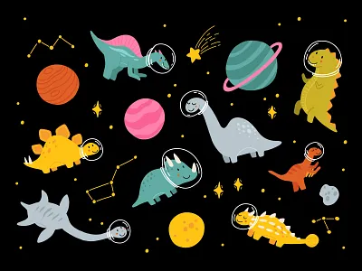 Dino in space cartoon character concept cute design dino dinosaur flat illustration kids scandi space vector