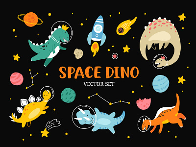 Space dino cartoon character concept cute design dino dinosaur flat illustration kids space vector