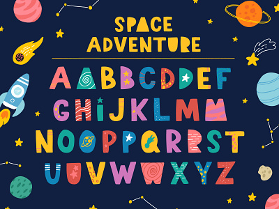 Space adventure alphabet abc alphabet cartoon concept cute design flat illustration kids letters space typographic vector