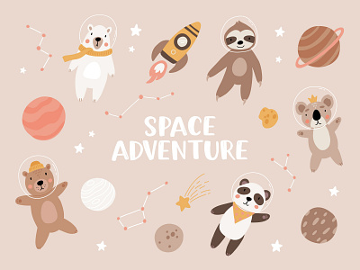 Bears in space animal bear cartoon character concept design flat illustration kids scandinavian space vector