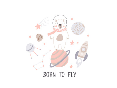 Born to fly bear cartoon character concept cute design flat illustration kids scandinavian space vector