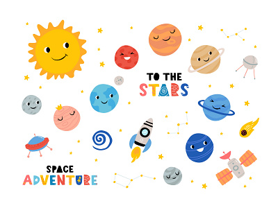 Solar system cartoon character concept cute design flat illustration kids planet solar space sun system vector