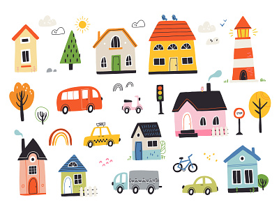 City car cartoon city color colorful concept cute design doodle flat house illustration kids scandinavian urban vector