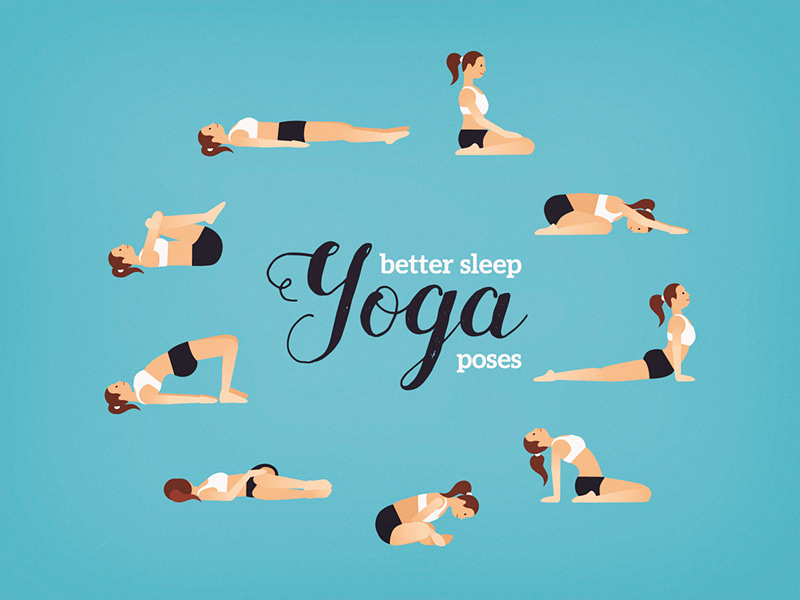 Yoga poses for better sleep. Vector illustrations with woman in sport bra  and shorts doing asanas from insomnia and relaxing. Healthy poster in flat  vector design. Stock Vector | Adobe Stock