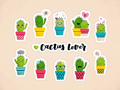 Cactus Lover cactus cute illustration pack set sticker vector