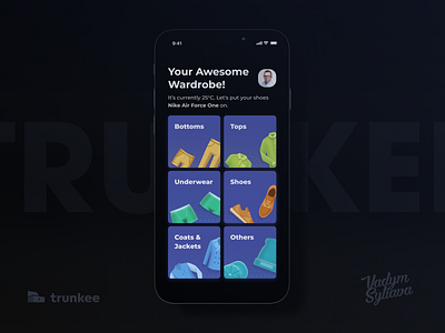 Trunkee collects all of your clothes 3d assistant blue cards ui clothes dark ui ecommerce illustration ios mobile app mobile ui startup trunkee wardrobe