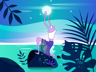 Tropic illustration leaves moon night sea sky tropic